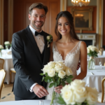 Couple souriant en tenue de mariage arrangeant des roses blanches dans la salle