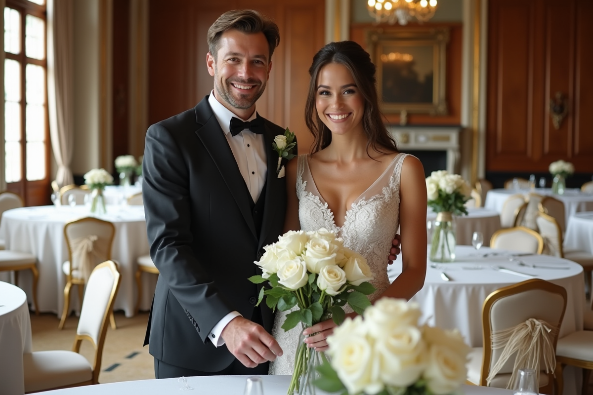 Couple souriant en tenue de mariage arrangeant des roses blanches dans la salle