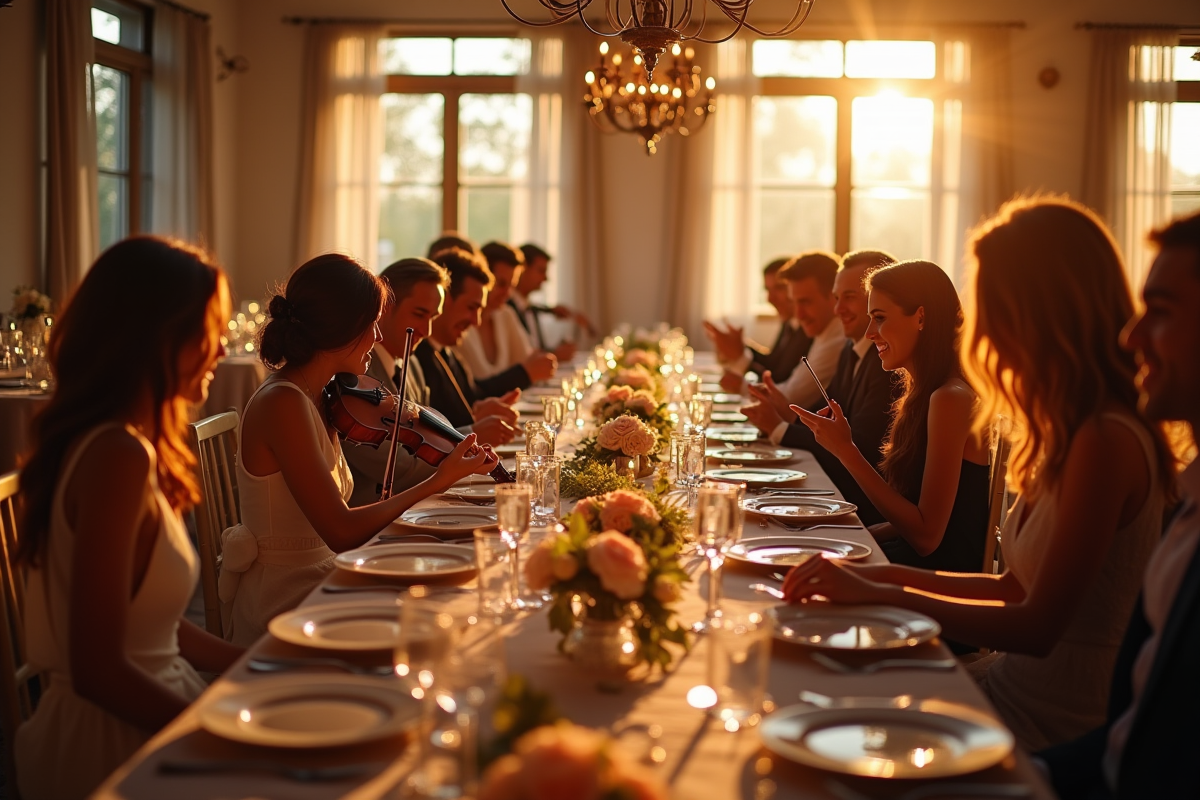 Jeune couple au dîner de mariage avec quatuor à cordes