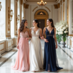 Mariée et demoiselles élégantes dans un couloir luxueux