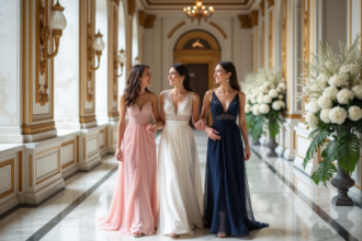 Mariée et demoiselles élégantes dans un couloir luxueux