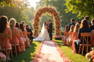 Cérémonie de mariage extérieure élégante en 2025 avec arche florale couleur pêche