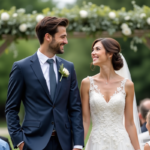 Jeune couple de mariés souriants lors de la cérémonie en extérieur