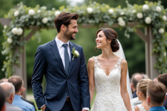 Jeune couple de mariés souriants lors de la cérémonie en extérieur