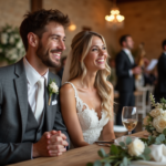 Jeune couple de mariés souriants lors d’un mariage rustique