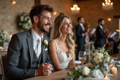 Jeune couple de mariés souriants lors d’un mariage rustique