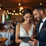 Jeune couple de mariés souriants avec tablette lors du mariage