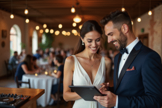 Jeune couple de mariés souriants avec tablette lors du mariage
