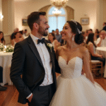 Jeune couple de mariés souriants lors de la réception élégante