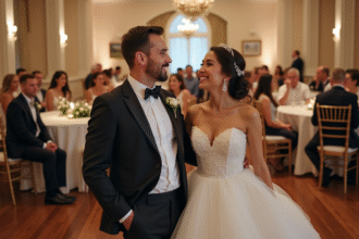 Jeune couple de mariés souriants lors de la réception élégante