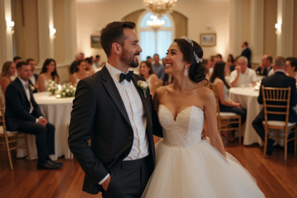 Jeune couple de mariés souriants lors de la réception élégante