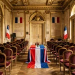 Salle de mariage d'une mairie parisienne ornée de moulures dorées et de symboles républicains français