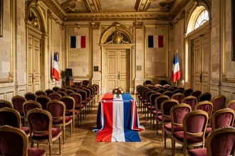 Salle de mariage d'une mairie parisienne ornée de moulures dorées et de symboles républicains français