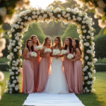Photobooth de mariage en extérieur dans un jardin avec invités souriants