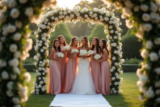 Photobooth de mariage en extérieur dans un jardin avec invités souriants