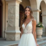 Jeune femme en robe de mariée blanche élégante sur les marches