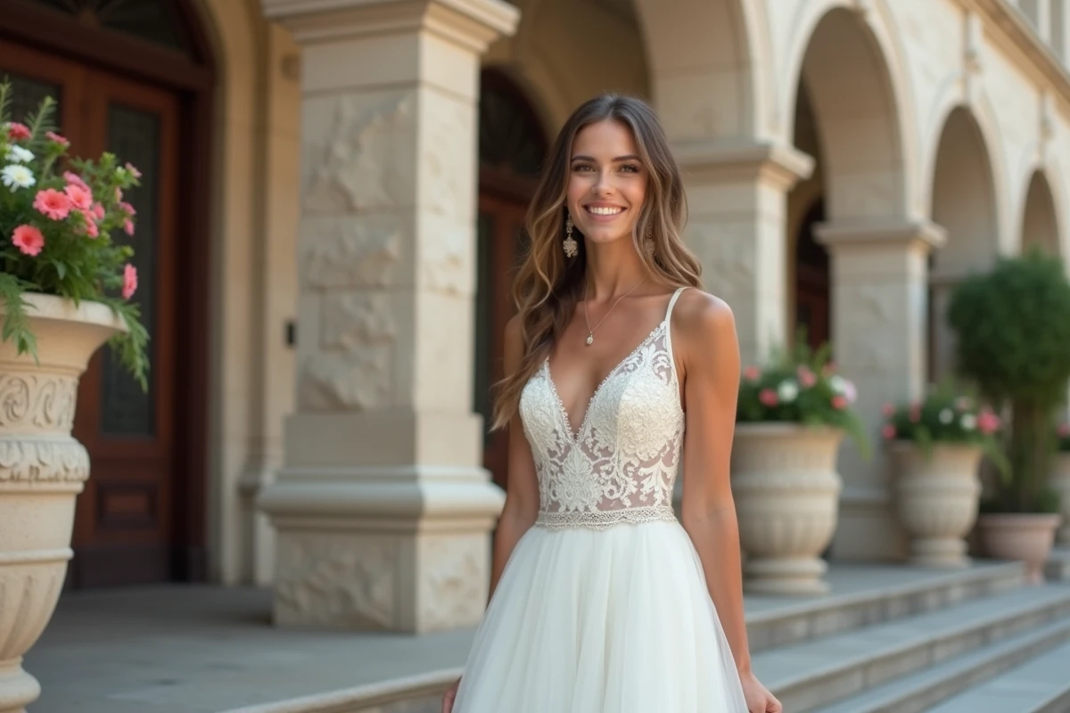 Jeune femme en robe de mariée blanche élégante sur les marches