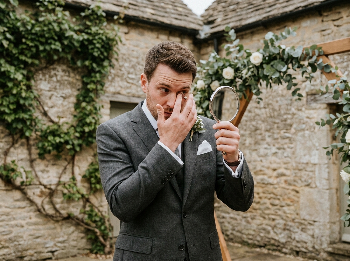 Marié en costume gris ardoise qui ajuste ses lentilles de contact devant un miroir dans la cour en pierre d'un domaine viticole décoré pour un mariage champêtre