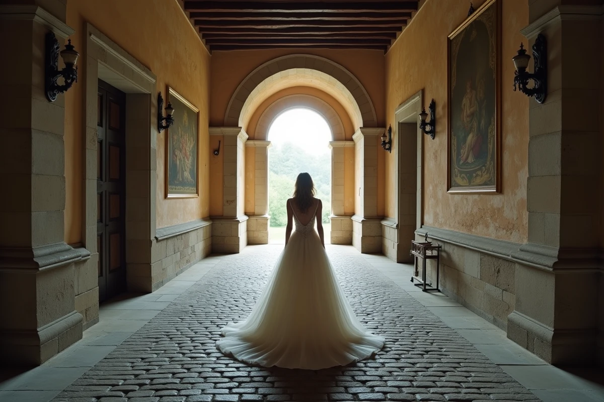 Mariée de dos marchant seule dans un couloir en pierre d'un château historique français avec tapisseries et colonnes