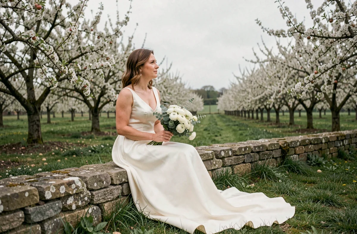 Mariée assise près des pommiers en fleurs dans les vergers du Calvados
