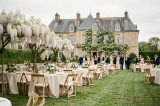 Vue panoramique d'une salle de mariage de prestige dans les Yvelines avec château en arrière-plan et tables décorées sur pelouse