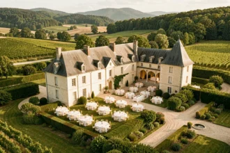 Vue aérienne d'un château de réception en Auvergne-Rhône-Alpes avec jardins, terrasse décorée et paysage de vignobles