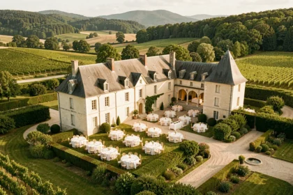 Vue aérienne d'un château de réception en Auvergne-Rhône-Alpes avec jardins, terrasse décorée et paysage de vignobles