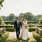 Un couple de mariés se promenant dans un jardin de château des Yvelines, illustrant le meilleur de la photographie de mariage dans la région