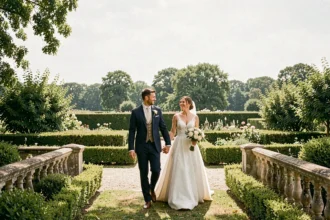 Un couple de mariés se promenant dans un jardin de château des Yvelines, illustrant le meilleur de la photographie de mariage dans la région