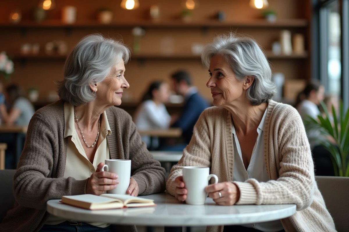 Mère et fille discutant sereinement du mariage civil laïque autour d'un café