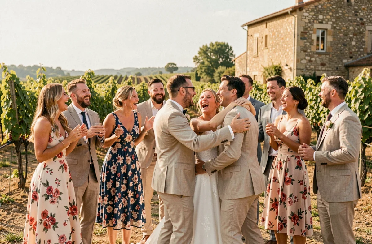 Reportage de mariage spontané avec des invités joyeux dans un domaine viticole provençal, style documentaire naturel