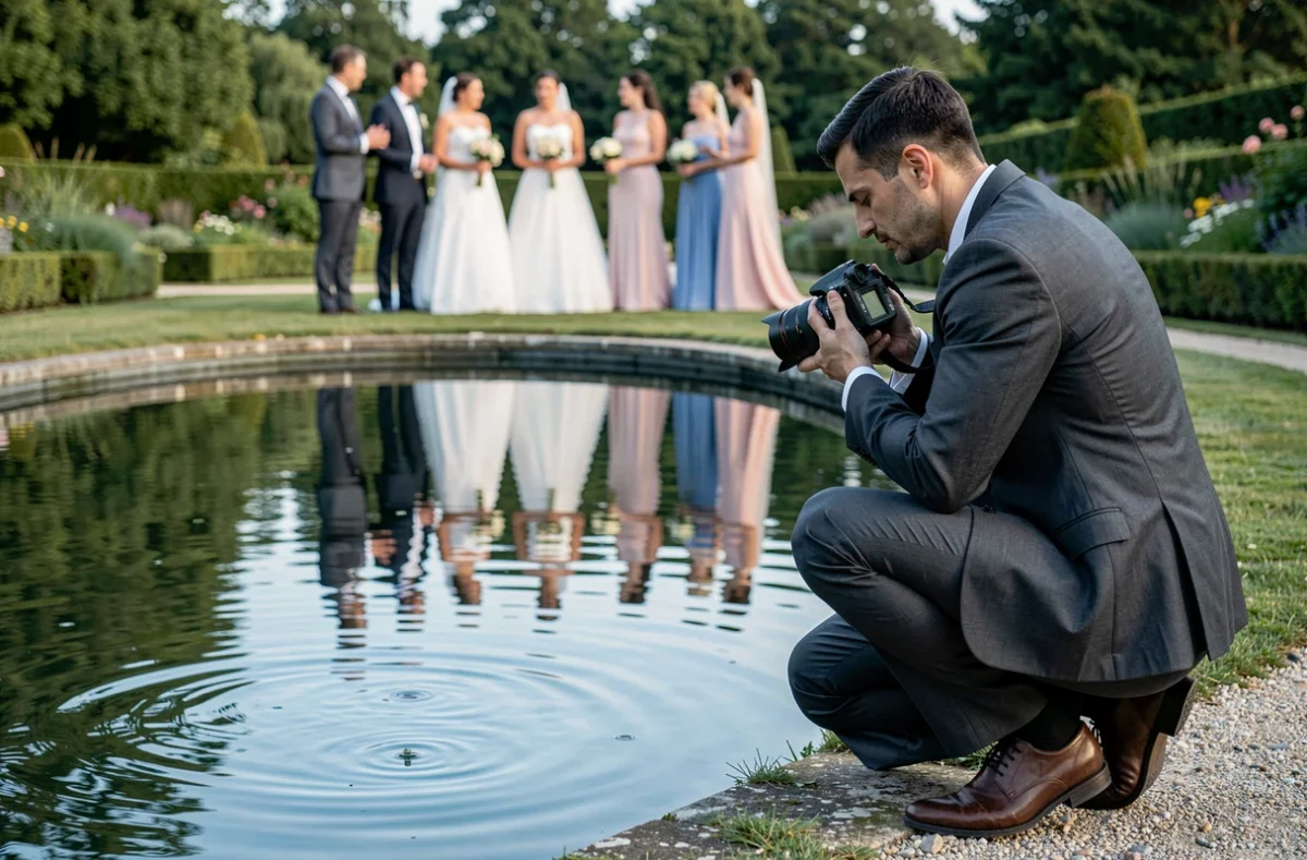 Olivier Danjon, photographe de mariage capturant un reflet symétrique des mariés sur un étang de domaine dans les Yvelines