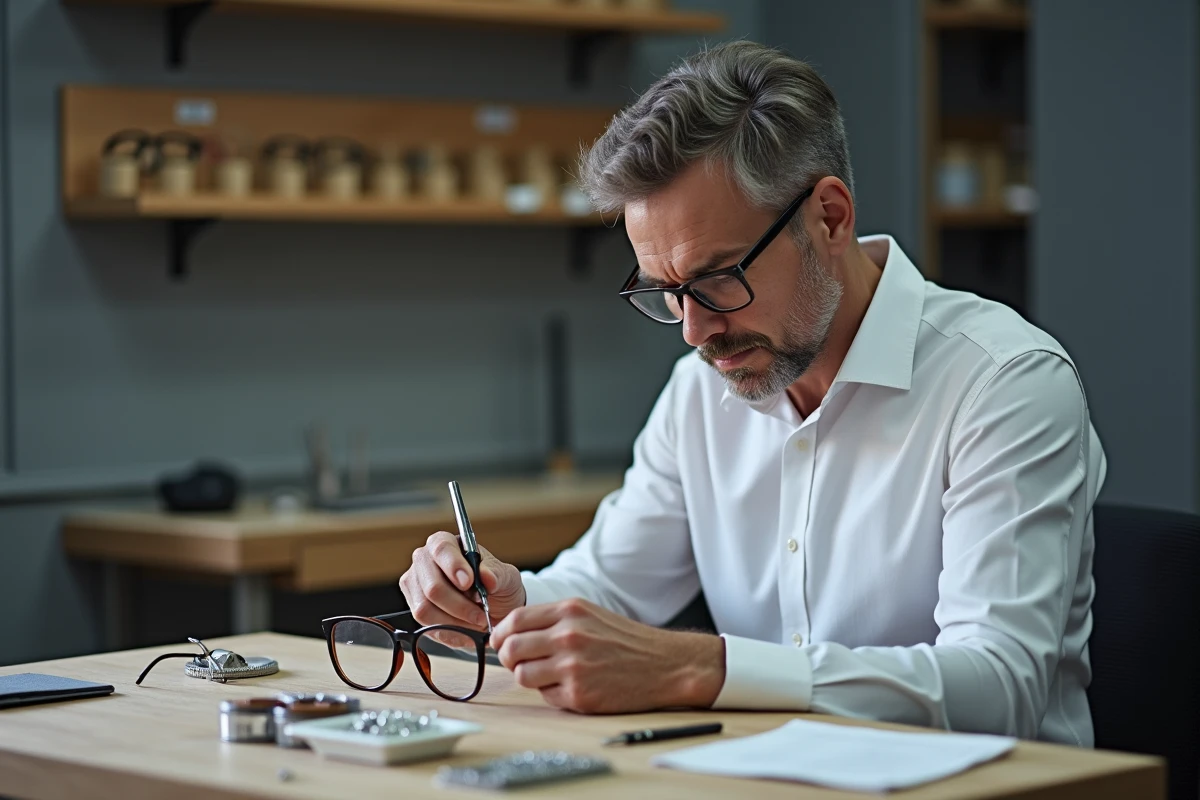 Opticien artisan personnalisant des montures de lunettes de mariage sur mesure dans son atelier professionnel
