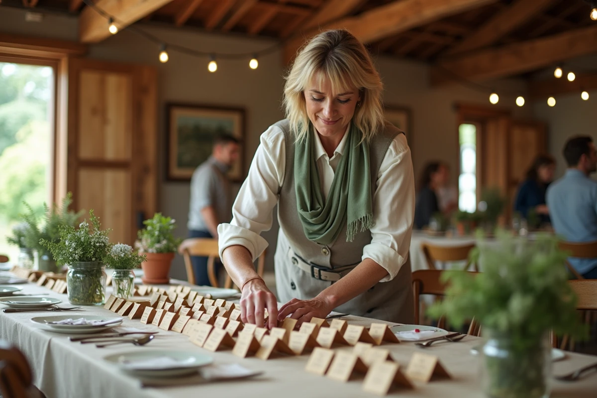 Femme planificatrice de mariage arrangeant des cartes de place dans une salle