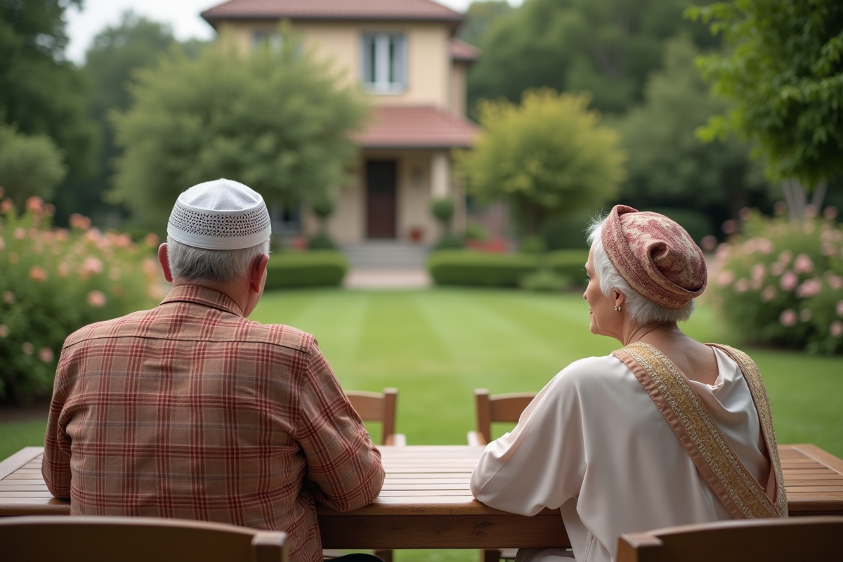 Parents âgés en vêtements traditionnels dans un jardin