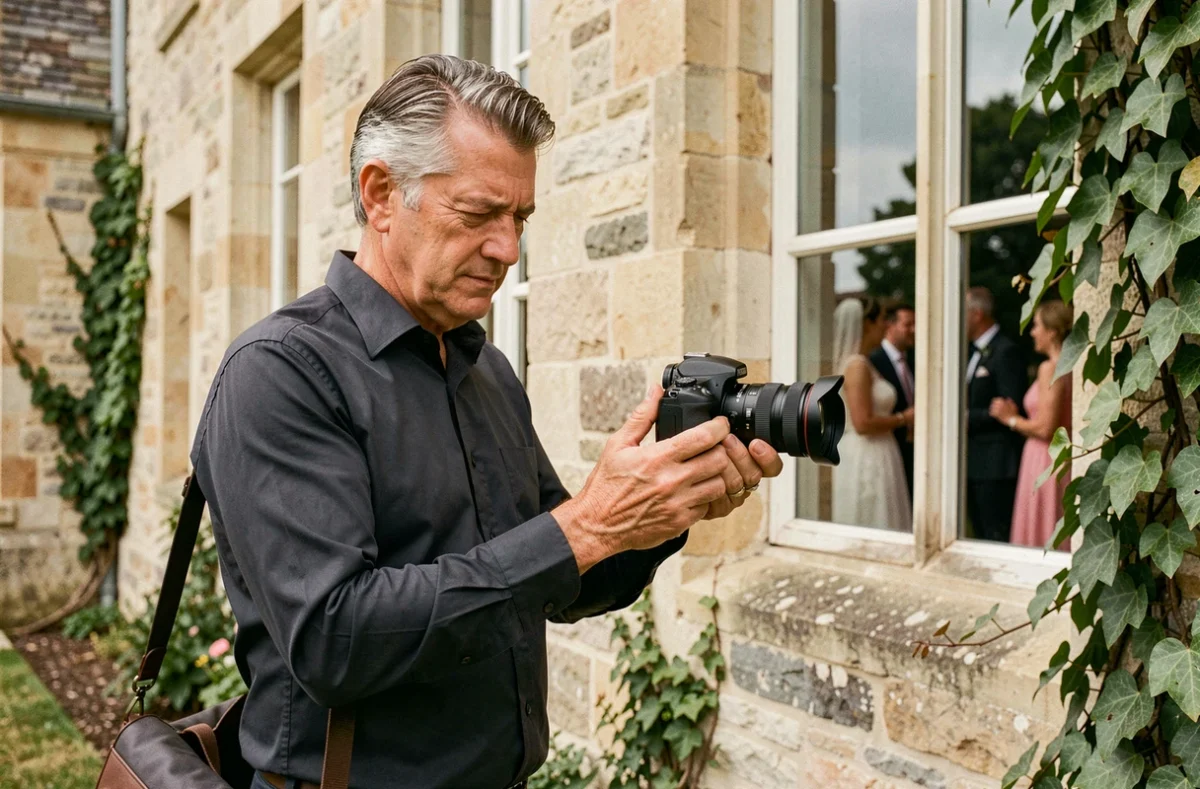 Pascal Alfrede, photographe de mariage expérimenté, consultant ses photos après une réception dans un manoir des Yvelines
