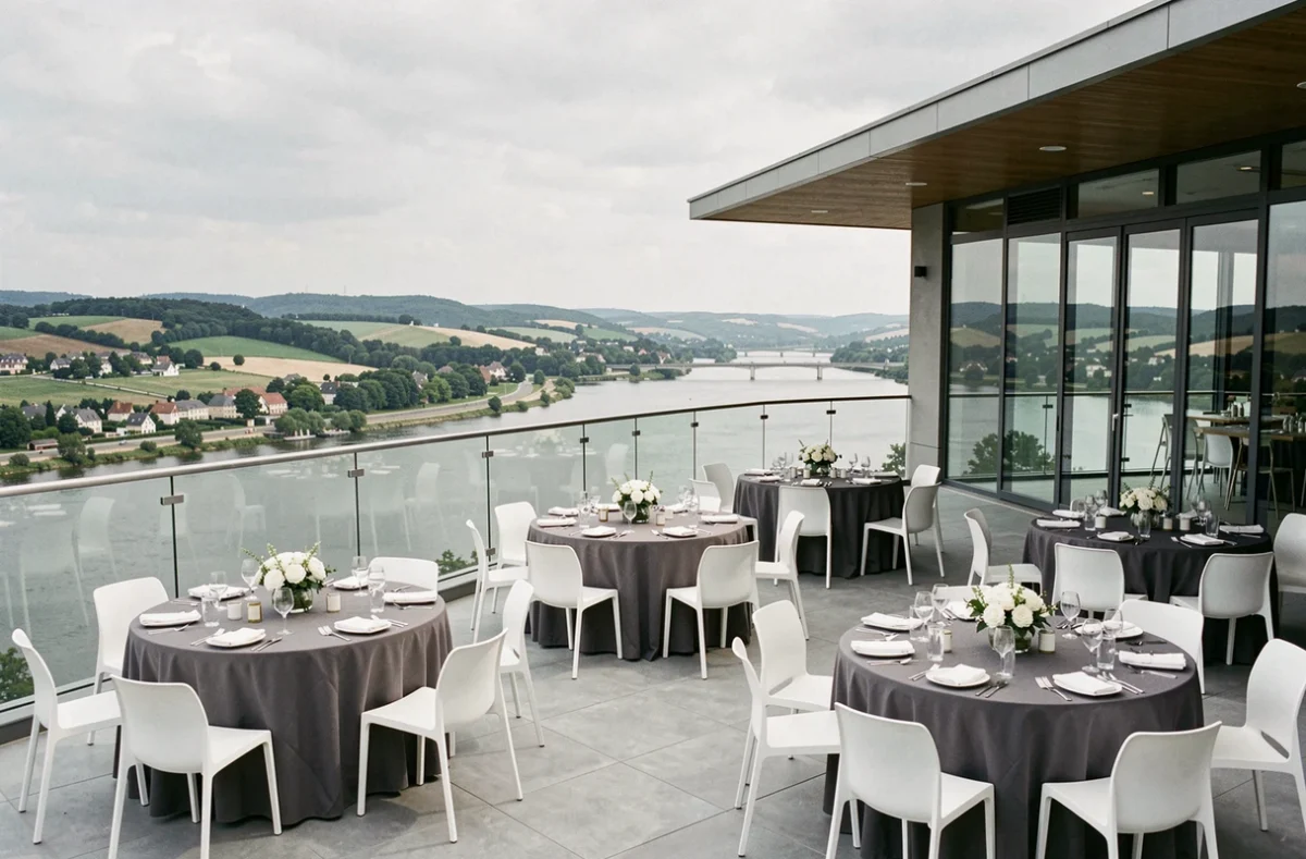 Terrasse panoramique du Pavillon Bellevue aménagée pour un mariage avec vue sur la vallée de la Seine et tables modernes décorées