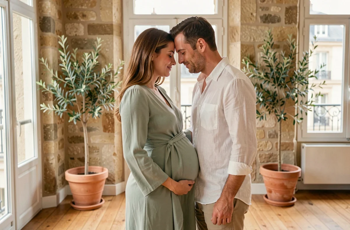Couple attendant un bébé dans un appartement marseillais, séance photo grossesse en intérieur avec vue sur la ville