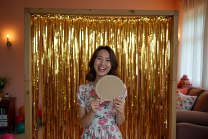 Photobooth DIY fait maison avec rideau de franges dorées et accessoires amusants lors d'une fête d'anniversaire