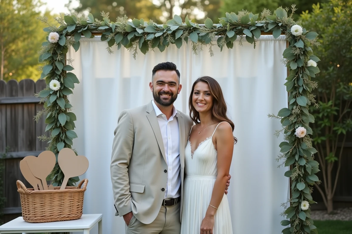 Photobooth extérieur DIY à mariage jardin avec arche en tuyaux PVC décorée de fleurs en papier et de feuillage