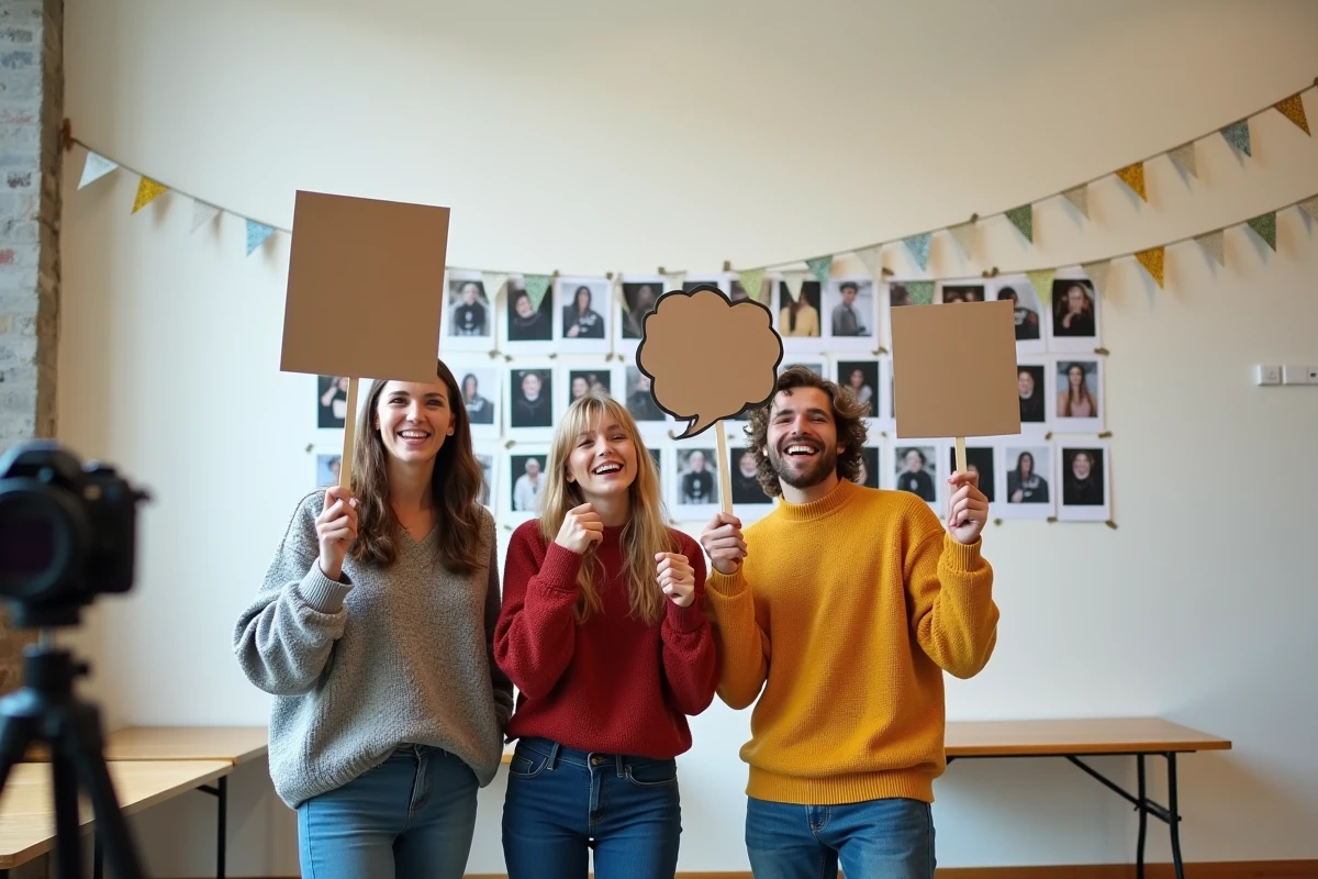 Photobooth low cost dans une salle de fête avec mur de photos en noir et blanc et accessoires en carton faits main