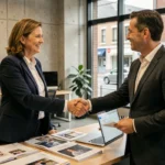Photographe professionnelle serrant la main d'un client lors d'une réunion pour un devis photo entreprise à Angers