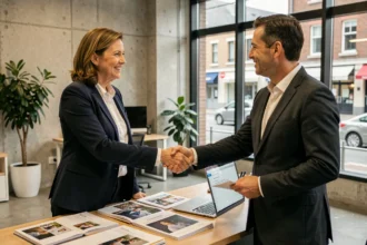 Photographe professionnelle serrant la main d'un client lors d'une réunion pour un devis photo entreprise à Angers