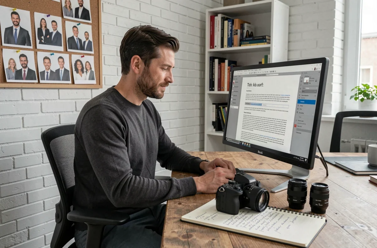 Photographe indépendant préparant un devis pour une mission photo corporate dans son studio à Angers