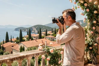 Photographe de mariage professionnel travaillant sur une terrasse avec vue sur la Côte d'Azur et les toits méditerranéens