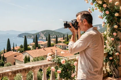 Photographe de mariage professionnel travaillant sur une terrasse avec vue sur la Côte d'Azur et les toits méditerranéens