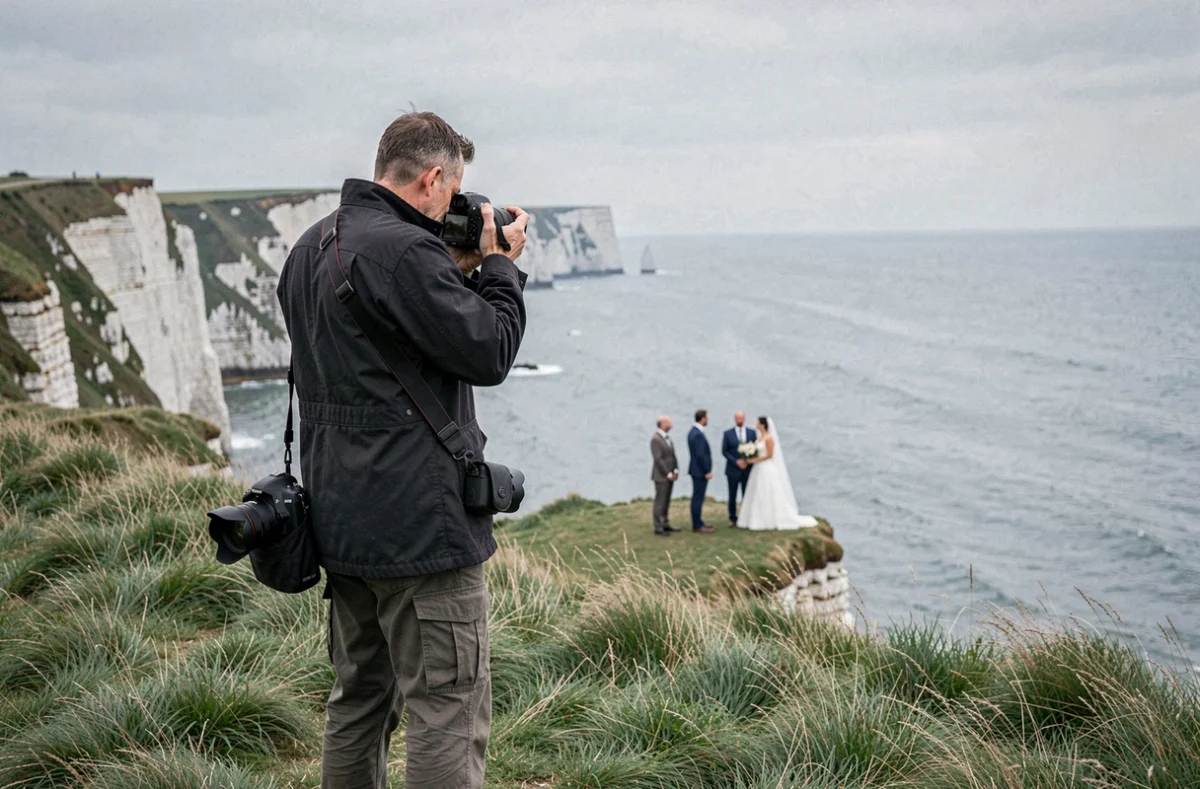 Photographe de mariage sur les falaises de la côte normande du Calvados avec les mariés