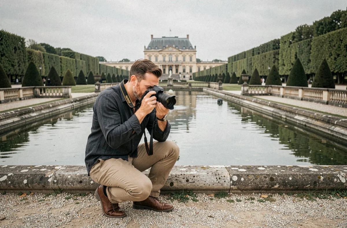 Photographe de mariage professionnel en train de travailler dans les jardins du château de Versailles