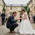 Photographe de mariage en action lors d'une cérémonie dans une cour en pierre à Saint-Omer