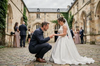 Photographe de mariage en action lors d'une cérémonie dans une cour en pierre à Saint-Omer